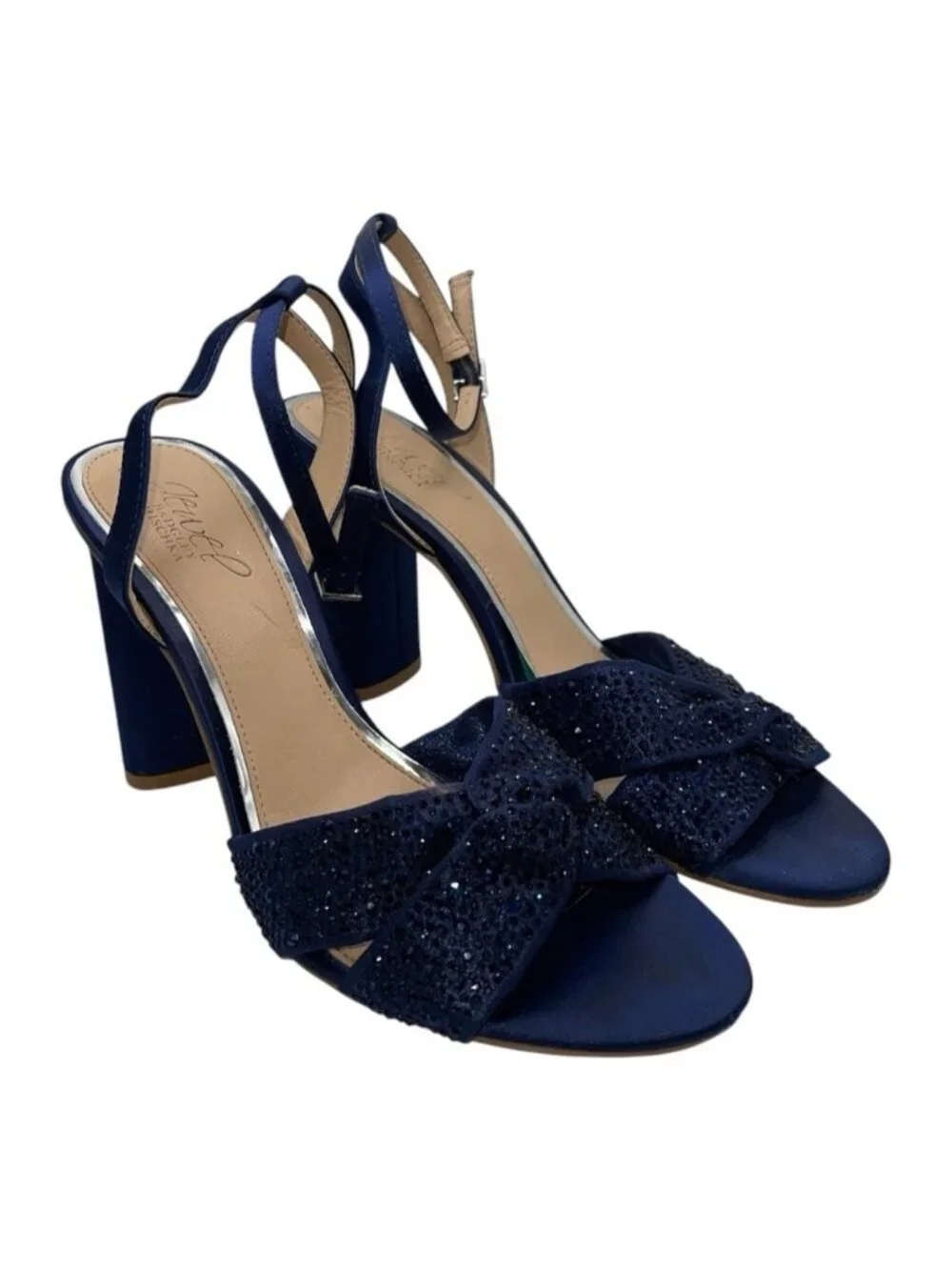Jewel Badgley Mischka Nicoline Rhinestone Heeled Sandals 8 US Navy Satin